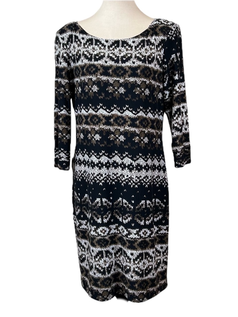 ABS Allen Schwartz Black Olive Cream Fair Isle Print Dress Size L